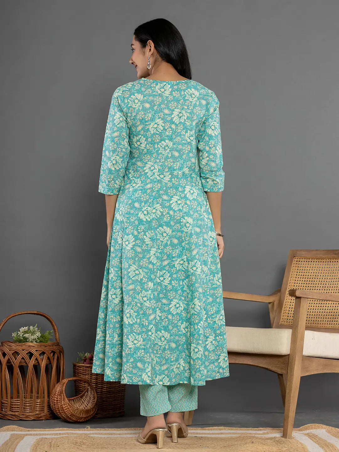 Yufta Sea Green Mirror_Work Cotton Anarkali Kurta Duppta Set | Grocsy