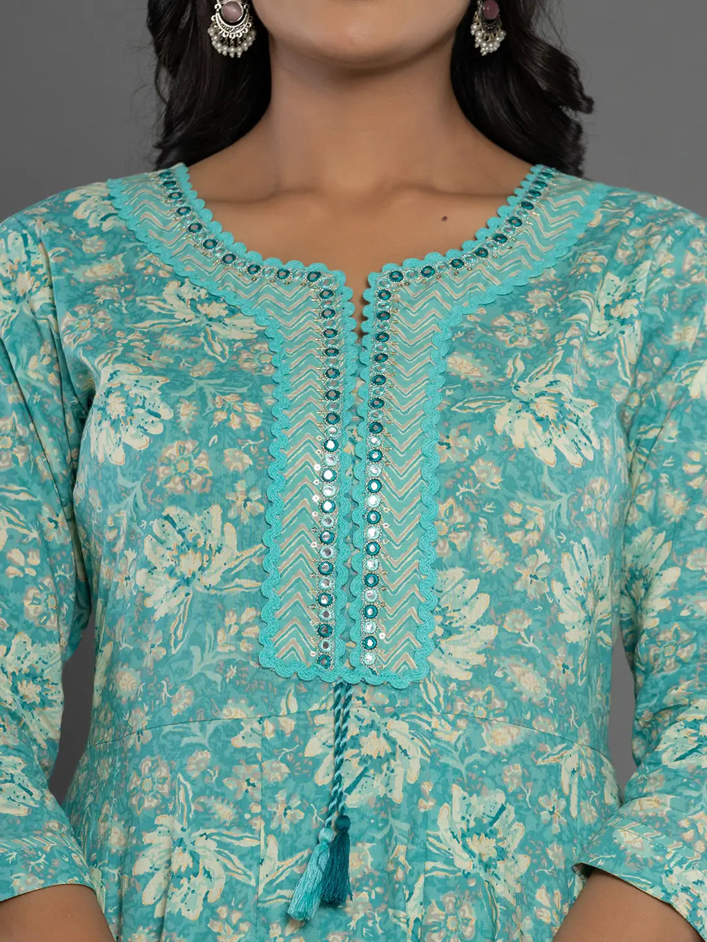 Yufta Sea Green Mirror_Work Cotton Anarkali Kurta Duppta Set | Grocsy