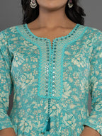 Yufta Sea Green Mirror_Work Cotton Anarkali Kurta Duppta Set | Grocsy
