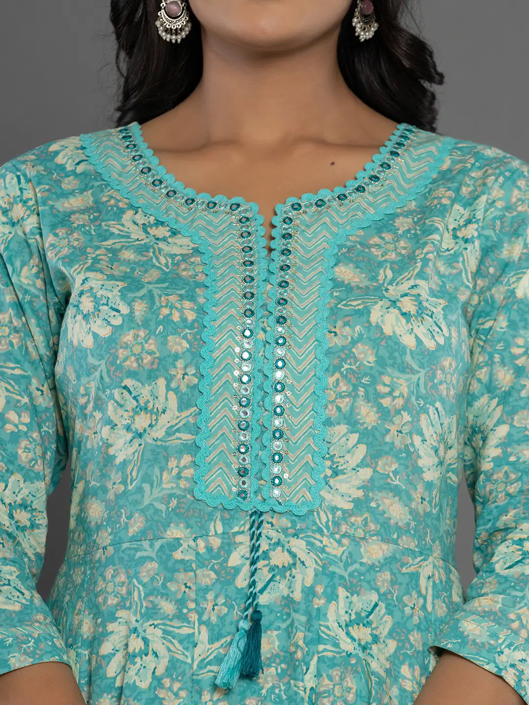 Yufta Sea Green Mirror_Work Cotton Anarkali Kurta Duppta Set | Grocsy