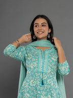 Yufta Sea Green Mirror_Work Cotton Anarkali Kurta Duppta Set | Grocsy