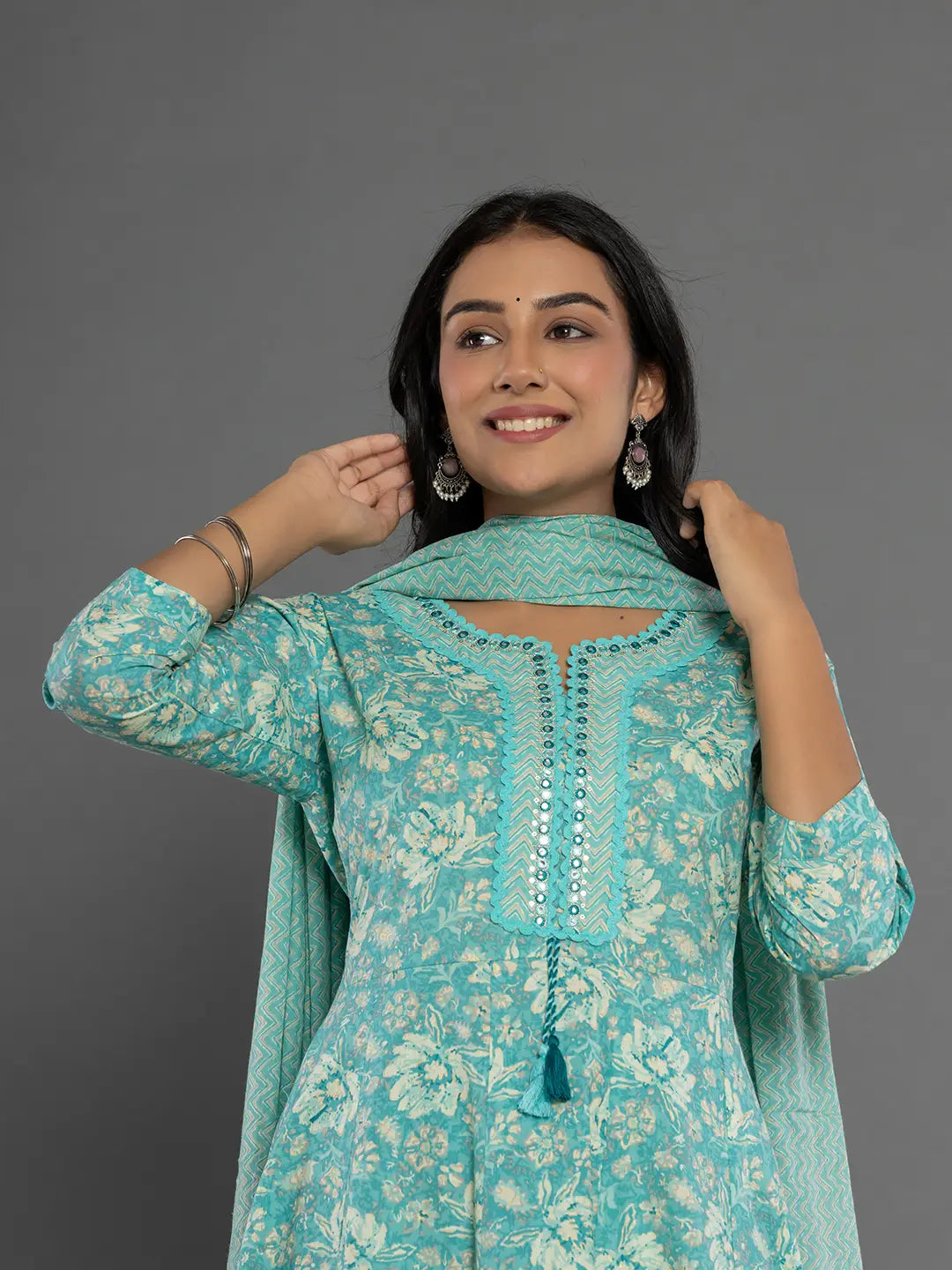 Yufta Sea Green Mirror_Work Cotton Anarkali Kurta Duppta Set | Grocsy