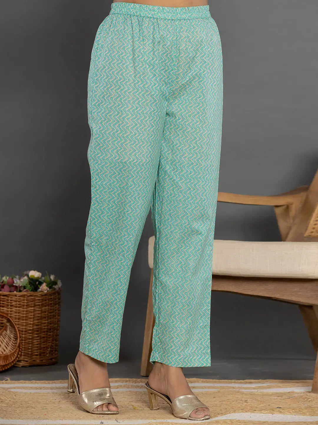 Yufta Sea Green Mirror_Work Cotton Anarkali Kurta Duppta Set | Grocsy