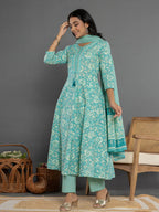 Yufta Sea Green Mirror_Work Cotton Anarkali Kurta Duppta Set | Grocsy