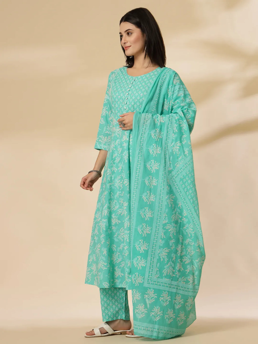 Yufta Sea Green Pure Cotton Anarkali Dupatta Pant Set | Grocsy