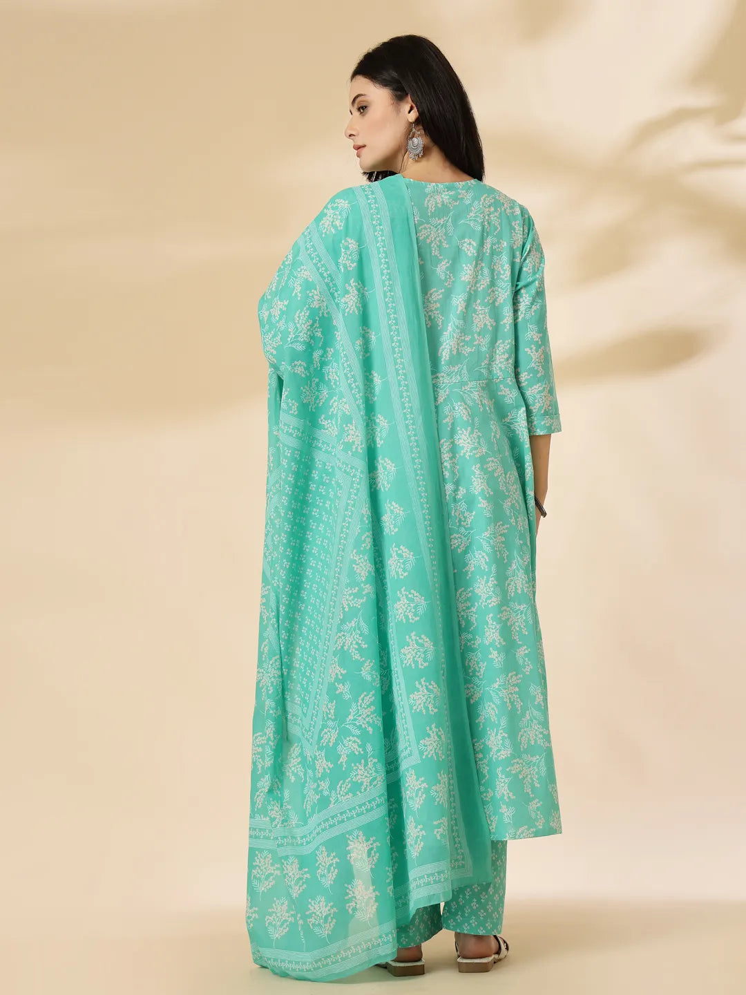 Yufta Sea Green Pure Cotton Anarkali Dupatta Pant Set | Grocsy
