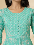 Yufta Sea Green Pure Cotton Anarkali Dupatta Pant Set | Grocsy
