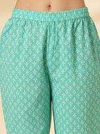 Yufta Sea Green Pure Cotton Anarkali Dupatta Pant Set | Grocsy