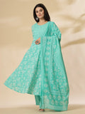 Yufta Sea Green Pure Cotton Anarkali Dupatta Pant Set | Grocsy