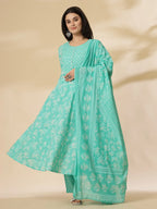 Yufta Sea Green Pure Cotton Anarkali Dupatta Pant Set | Grocsy