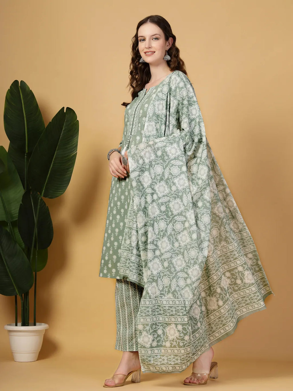 Yufta Sea Green Pure Cotton FloralLace Work Kurta Dupatta Pant Set | Grocsy