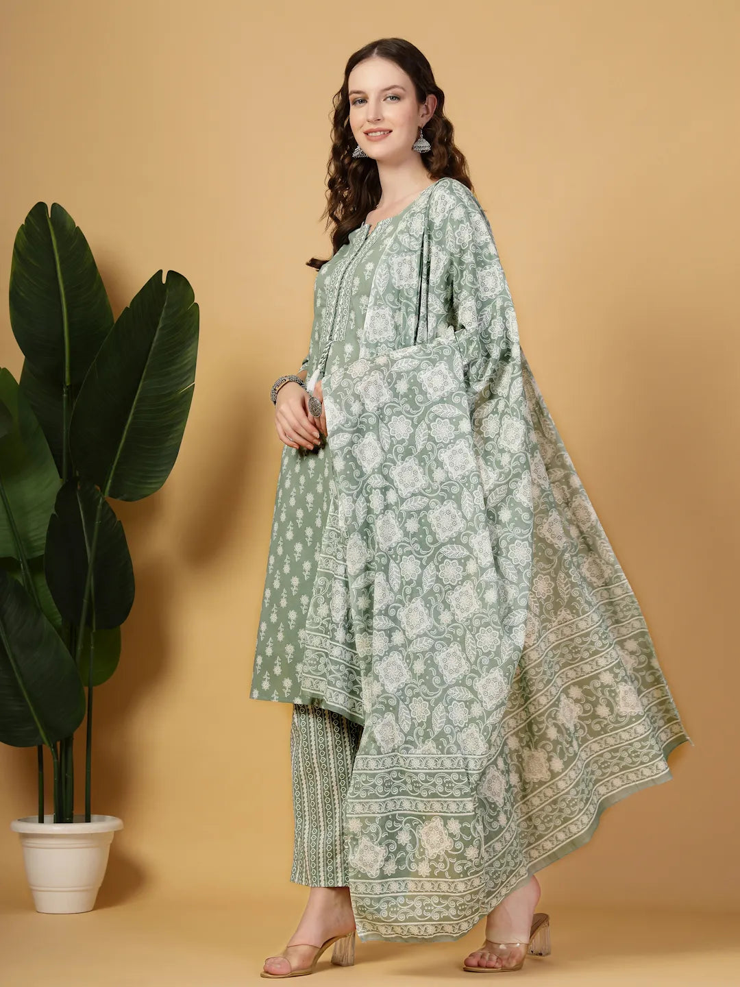 Yufta Sea Green Pure Cotton FloralLace Work Kurta Dupatta Pant Set | Grocsy