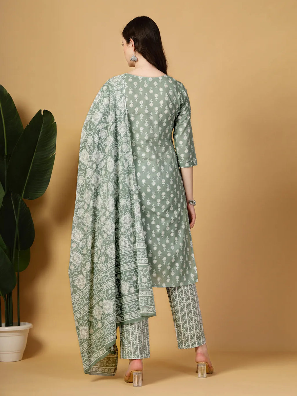 Yufta Sea Green Pure Cotton FloralLace Work Kurta Dupatta Pant Set | Grocsy