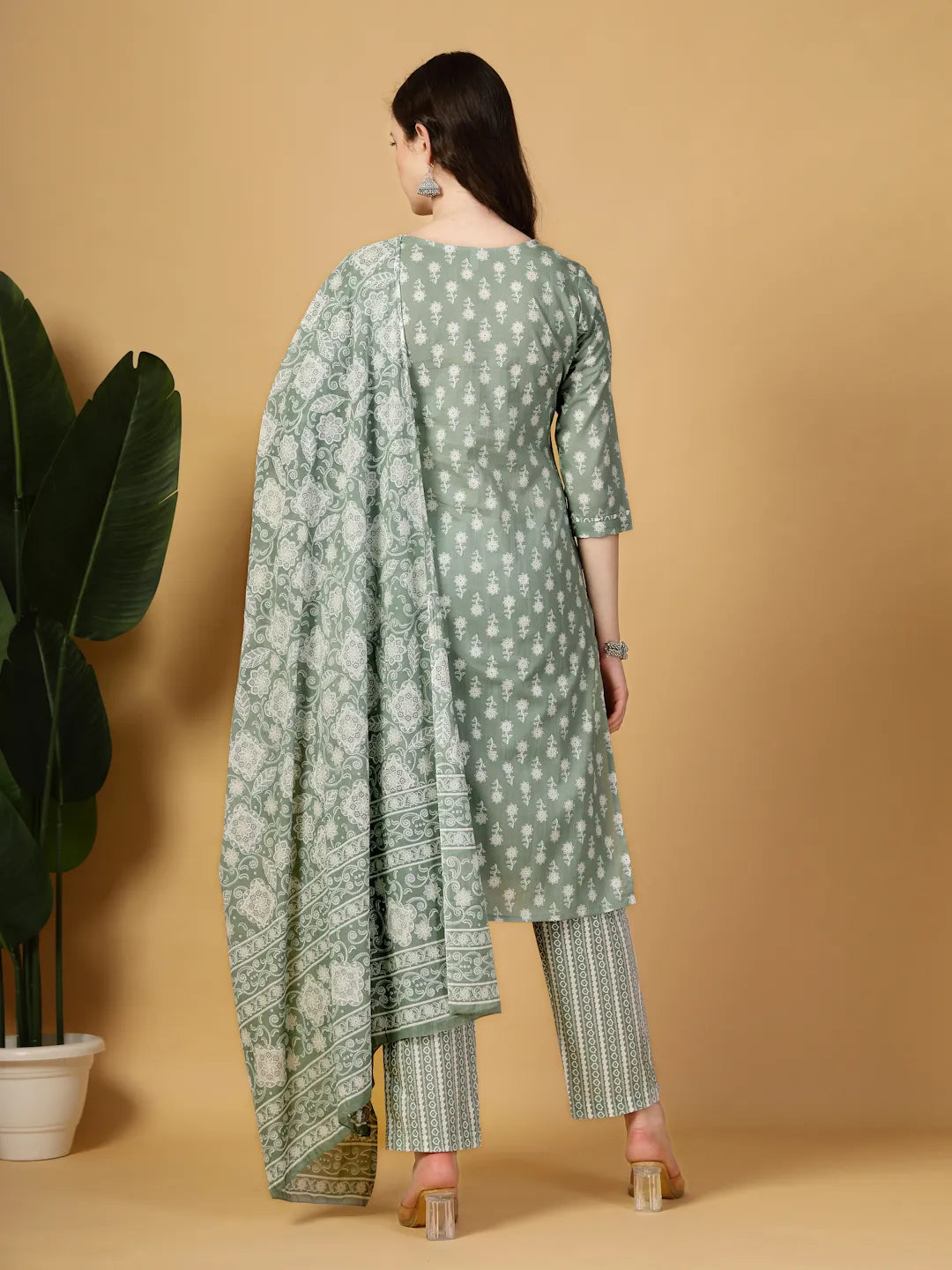 Yufta Sea Green Pure Cotton FloralLace Work Kurta Dupatta Pant Set | Grocsy