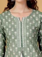 Yufta Sea Green Pure Cotton FloralLace Work Kurta Dupatta Pant Set | Grocsy
