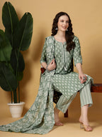 Yufta Sea Green Pure Cotton FloralLace Work Kurta Dupatta Pant Set | Grocsy
