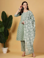 Yufta Sea Green Pure Cotton FloralLace Work Kurta Dupatta Pant Set | Grocsy