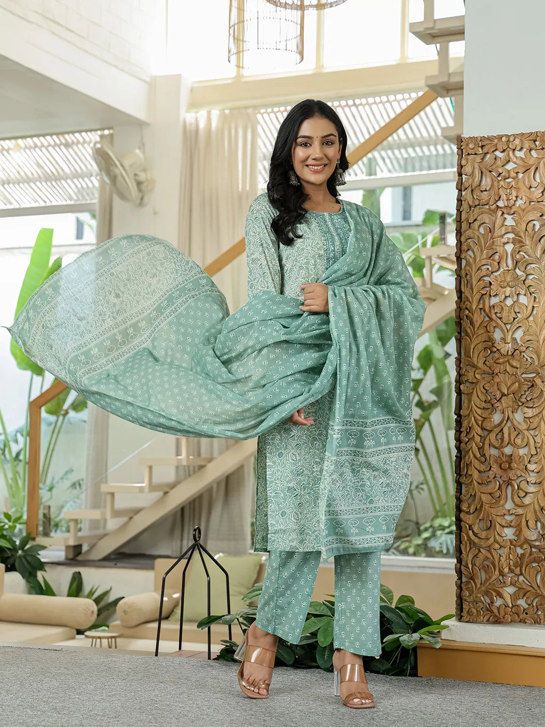 Yufta Sea Green Pure Cotton Thread Work Sequins Work Kurta Dupatta Pant Set | Grocsy