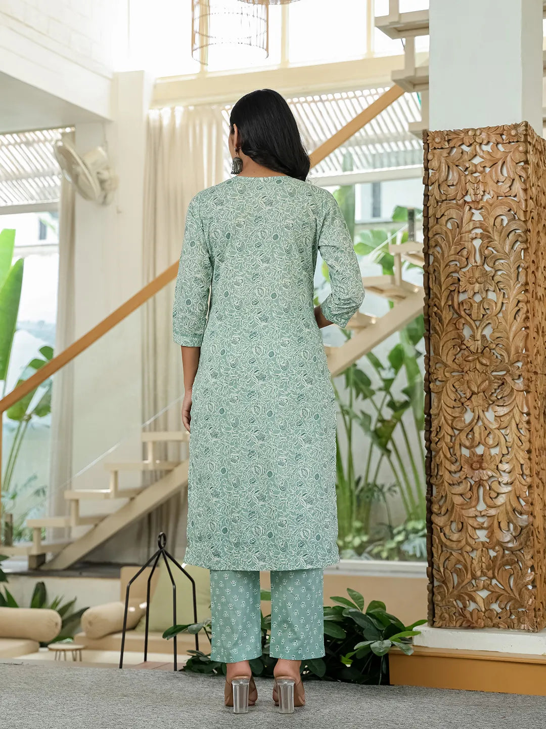 Yufta Sea Green Pure Cotton Thread Work Sequins Work Kurta Dupatta Pant Set | Grocsy