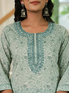 Yufta Sea Green Pure Cotton Thread Work Sequins Work Kurta Dupatta Pant Set | Grocsy