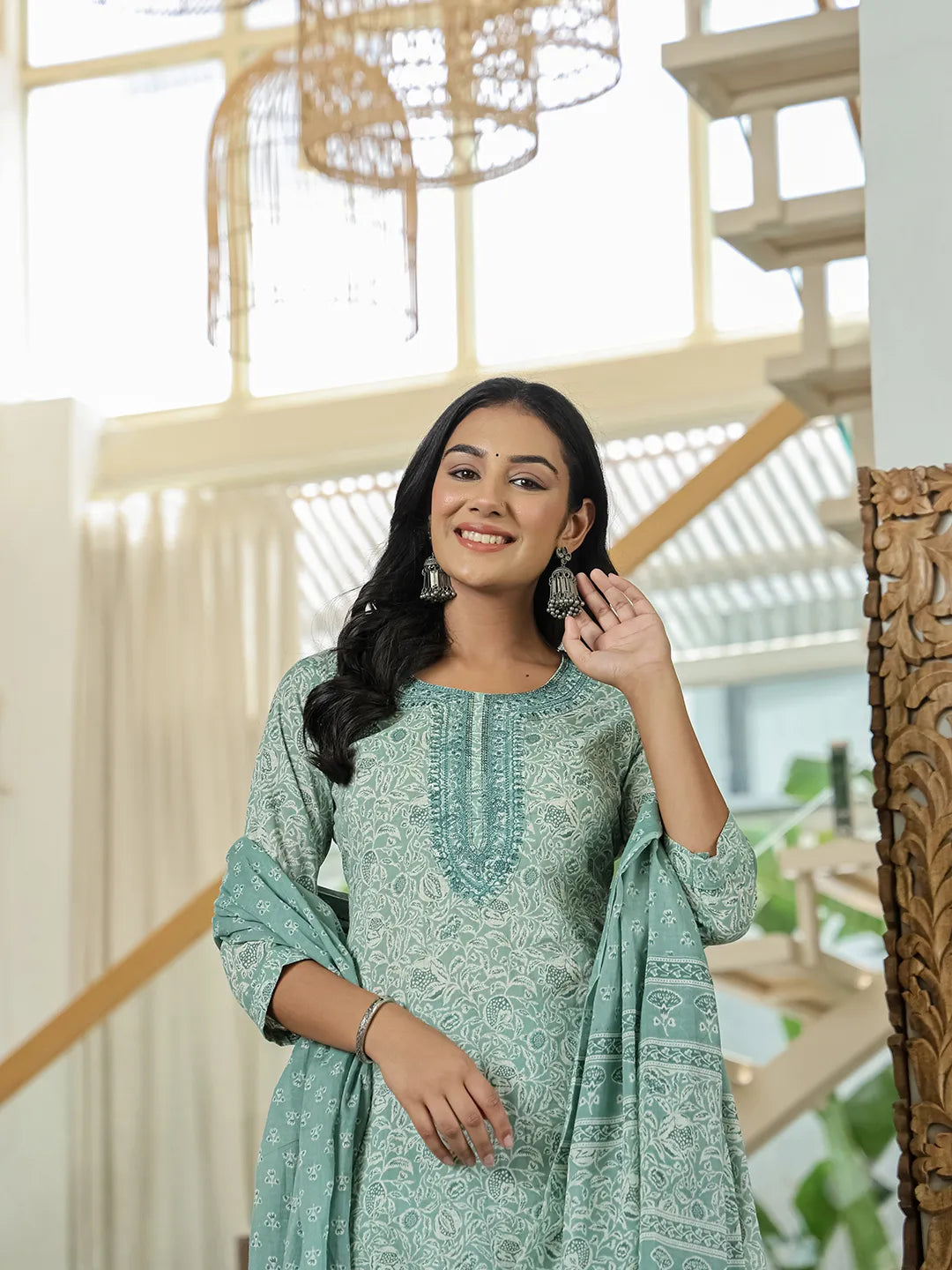 Yufta Sea Green Pure Cotton Thread Work Sequins Work Kurta Dupatta Pant Set | Grocsy