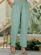 Yufta Sea Green Pure Cotton Thread Work Sequins Work Kurta Dupatta Pant Set | Grocsy