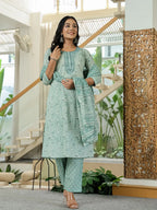 Yufta Sea Green Pure Cotton Thread Work Sequins Work Kurta Dupatta Pant Set | Grocsy