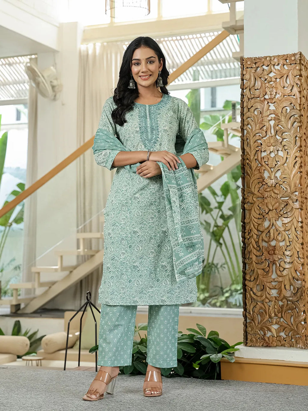 Yufta Sea Green Pure Cotton Thread Work Sequins Work Kurta Dupatta Pant Set | Grocsy