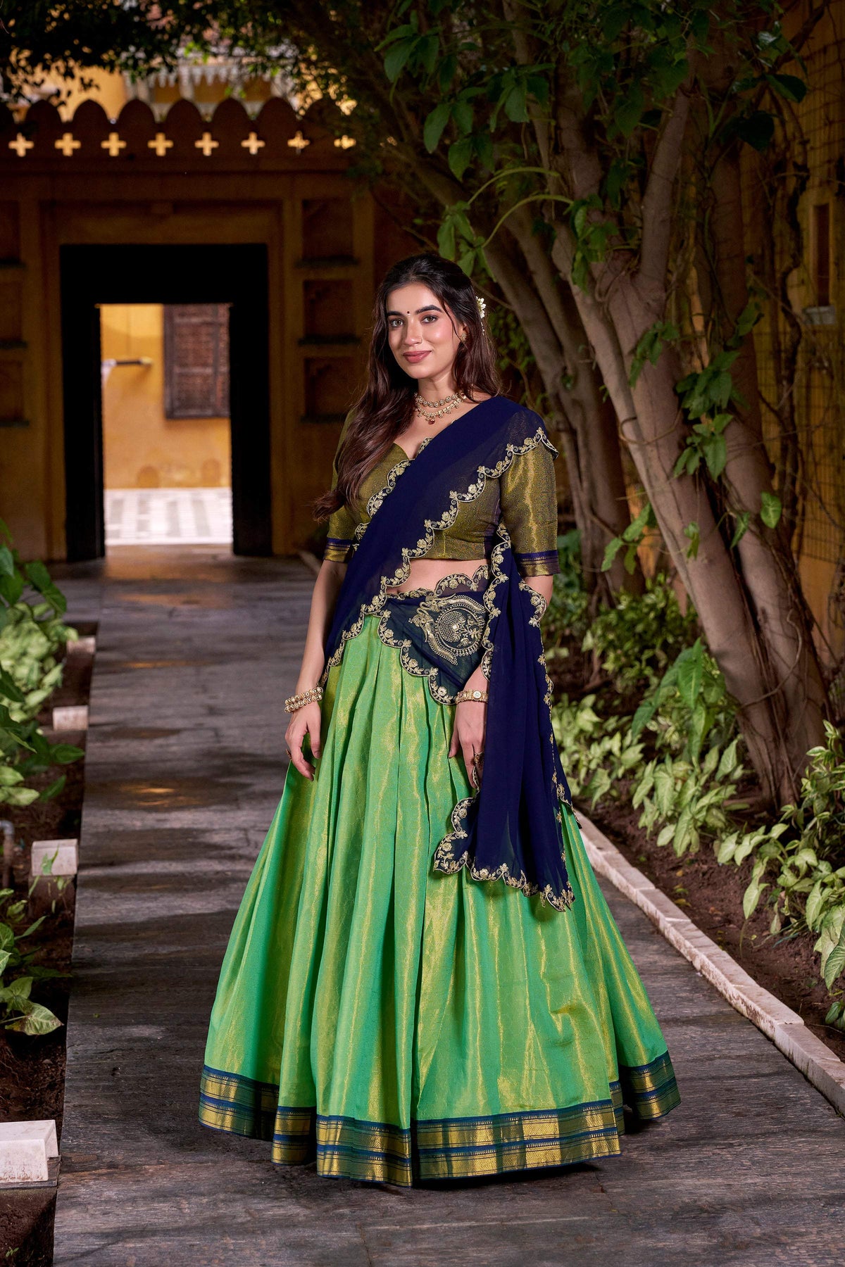 Evanik Seagreen South-style Kanchipuram silk lehenga With Unstitched Blouse & Dupatta | Grocsy