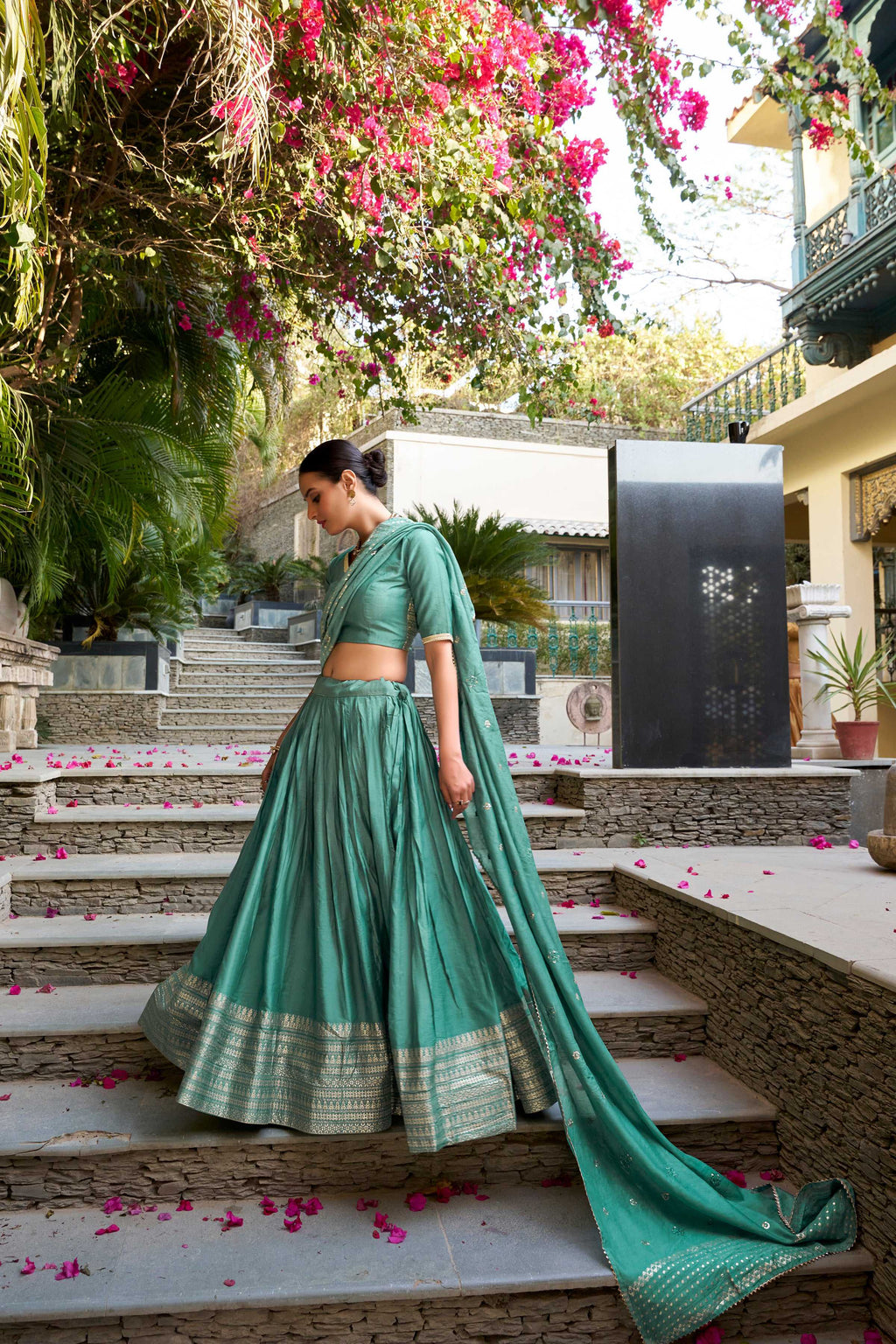 Evanik Women Pure Chanderi Plain With Zari Weaving Work Border Stitched Lehenga With Unstitched Blouse Dupatta(Up to 42) | Grocsy