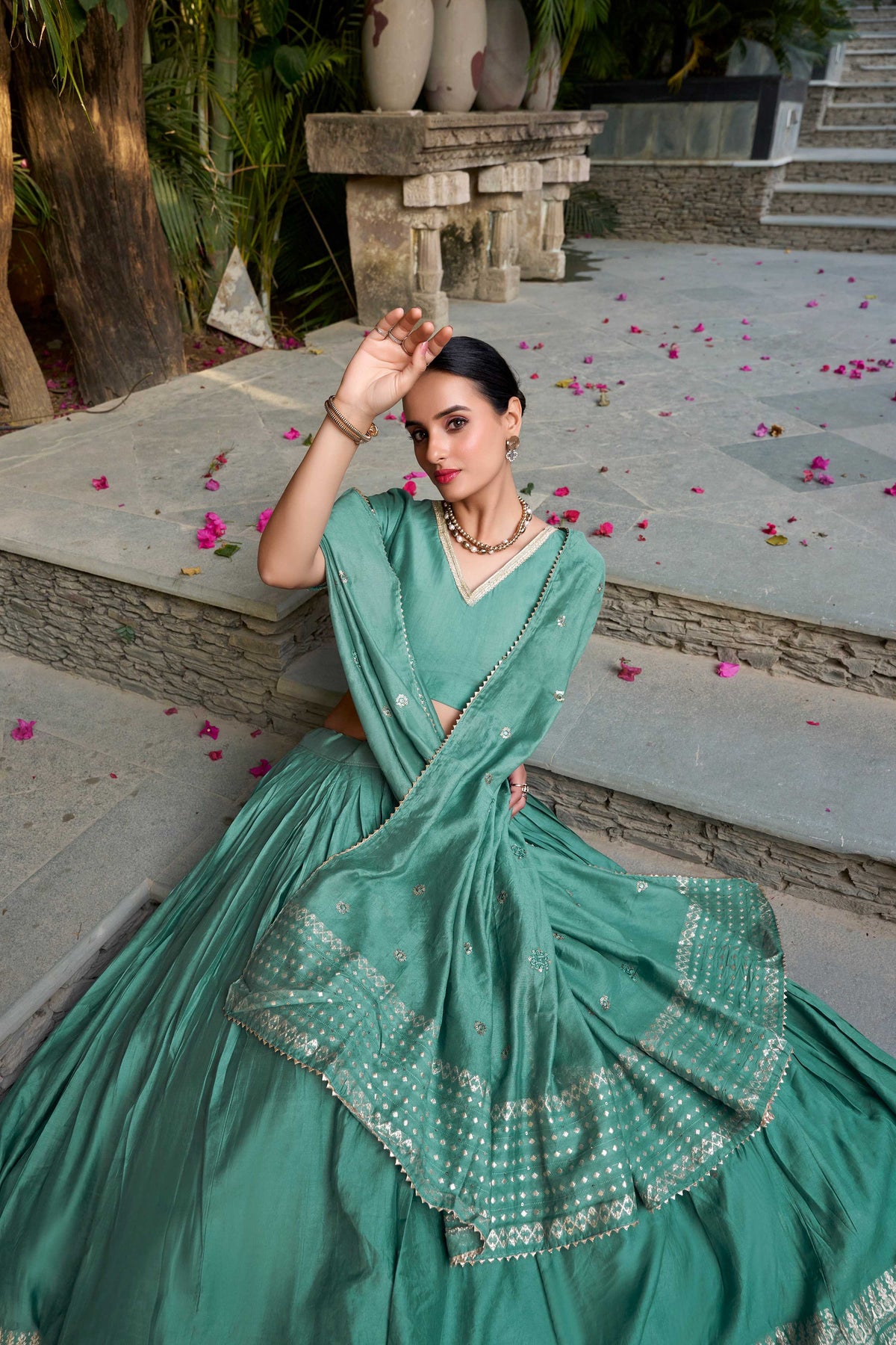 Evanik Women Pure Chanderi Plain With Zari Weaving Work Border Stitched Lehenga With Unstitched Blouse Dupatta(Up to 42) | Grocsy
