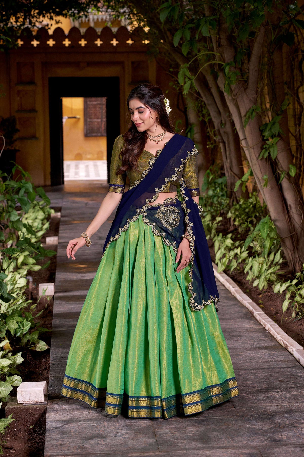 Evanik Seagreen South-style Kanchipuram silk lehenga With Unstitched Blouse & Dupatta | Grocsy