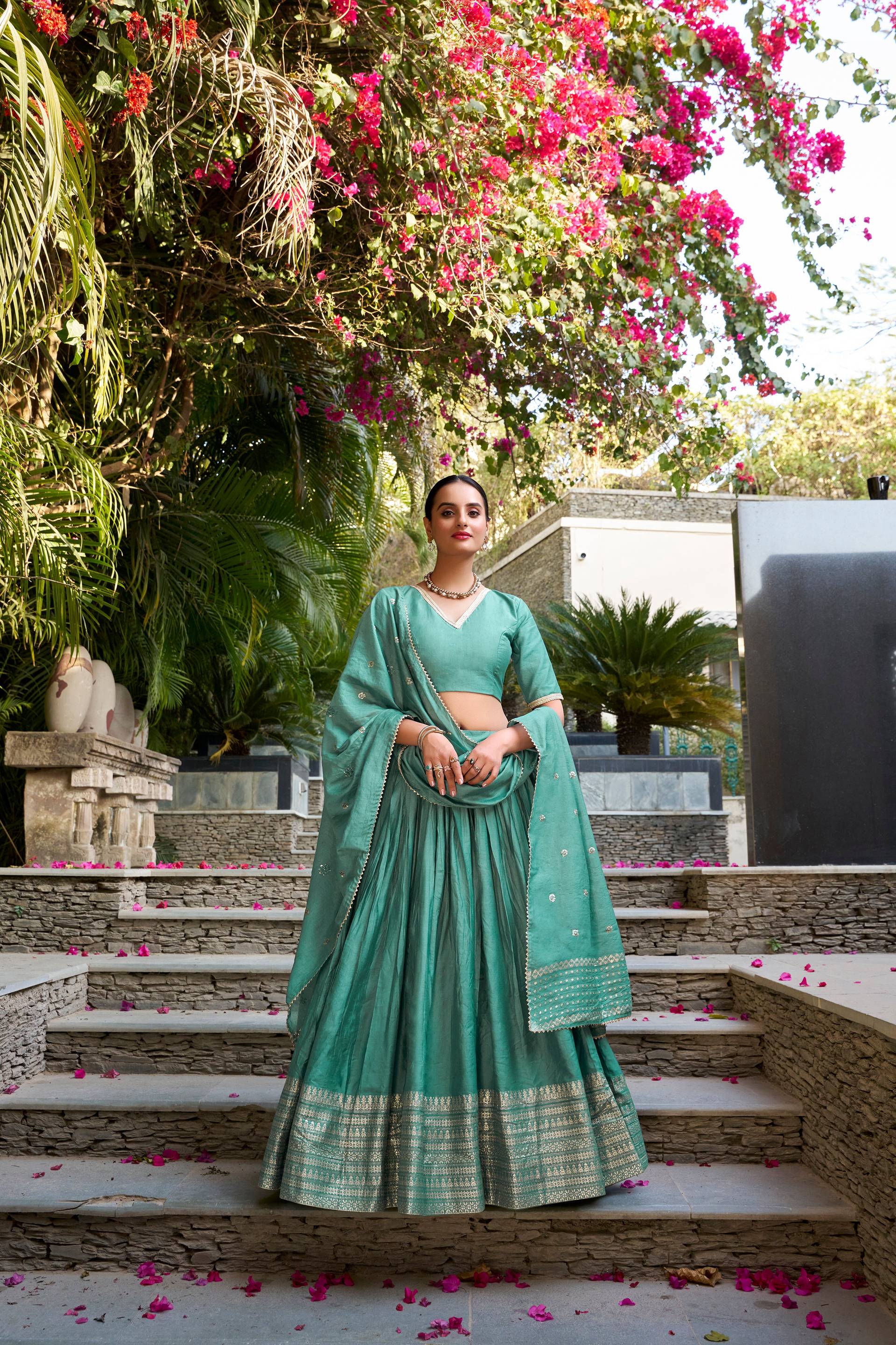 Evanik Women Pure Chanderi Plain With Zari Weaving Work Border Stitched Lehenga With Unstitched Blouse Dupatta(Up to 42) | Grocsy