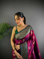 Joban Fashion Banarasi Rani Pink Woven Butti Soft Silk Saree | Grocsy