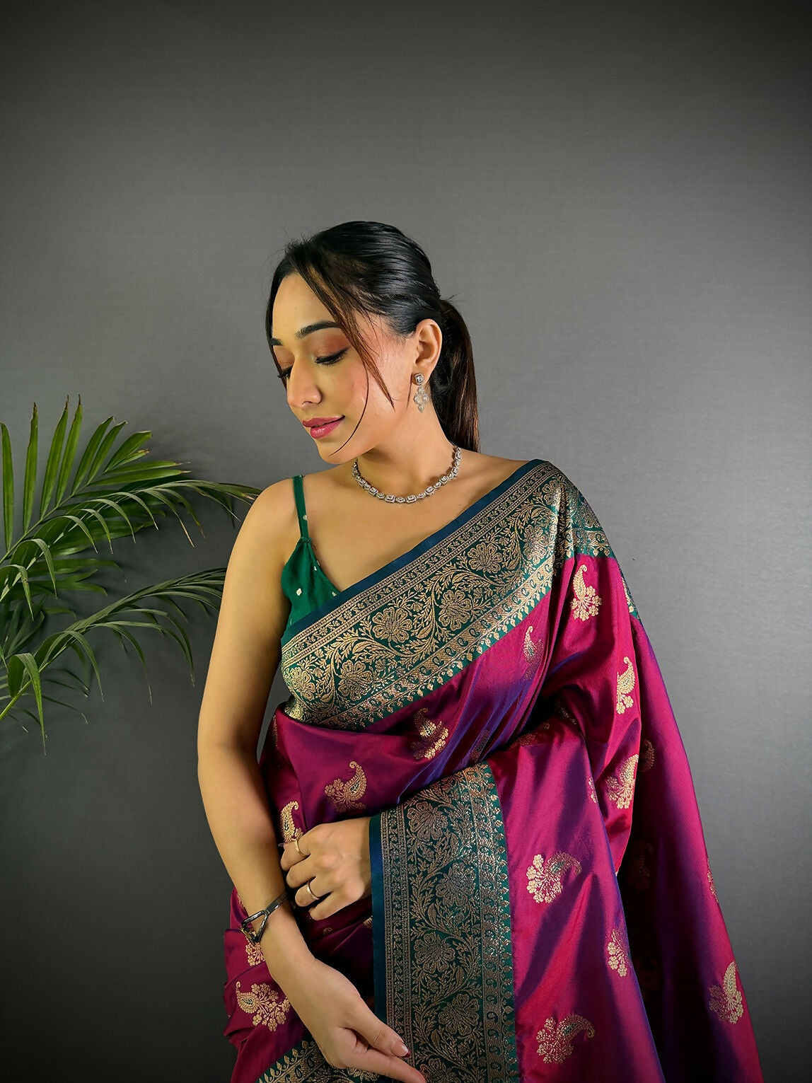 Joban Fashion Banarasi Rani Pink Woven Butti Soft Silk Saree | Grocsy