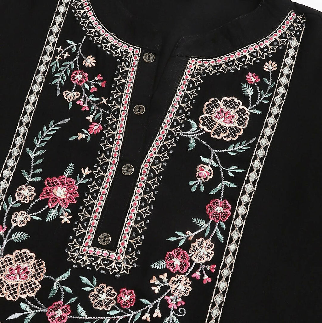Black Rayon Yoke Embroidered A-line Top - Tarini | Grocsy
