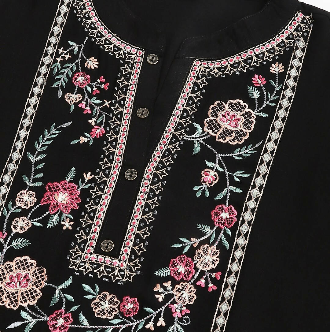 Black Rayon Yoke Embroidered A-line Top - Tarini | Grocsy