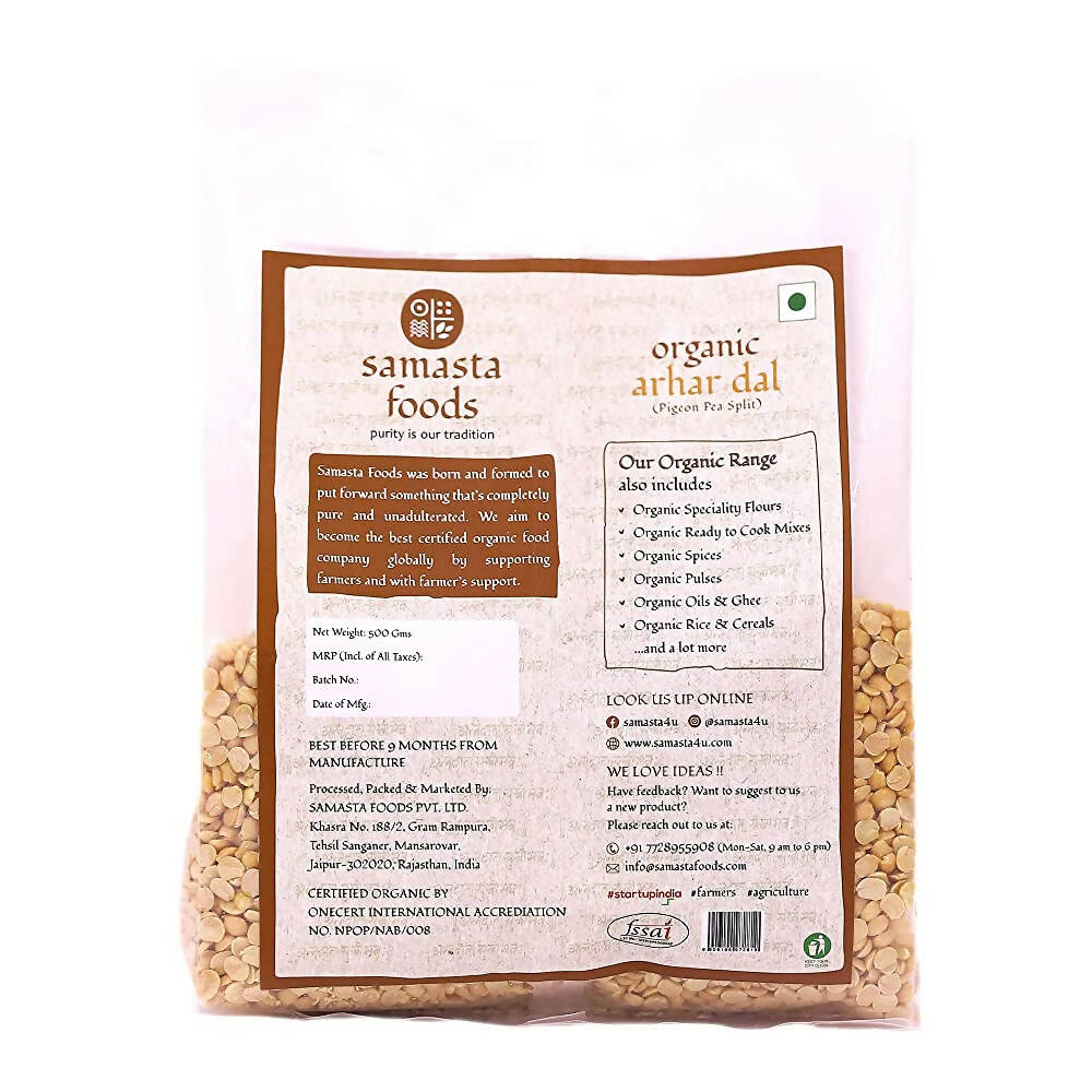 Samasta Foods Organic Arhar Dal (Pigeon Pea Split) | Grocsy