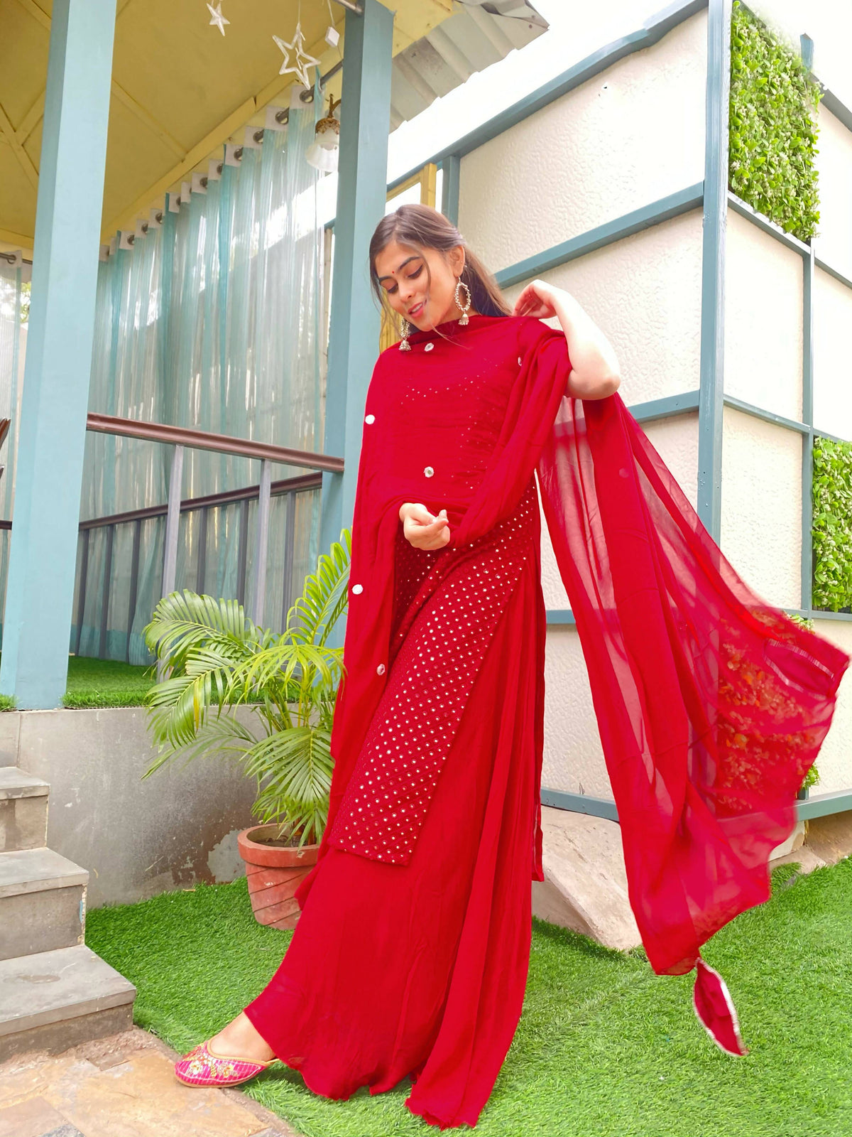 Partywear Designer Red Georgette Palazzo Suit - Anbazaar | Grocsy