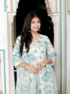 Miravan Women's Light Green Birds And Leaf Floral Printed Anarkali Kurta And Dupatta Set | Grocsy
