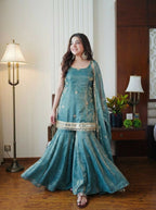 Teeya Creation Womens Trending Heavy Embroidery Sequence Work Kurta Sharara Set - Teal | Grocsy
