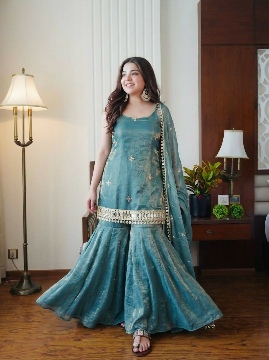 Teeya Creation Womens Trending Heavy Embroidery Sequence Work Kurta Sharara Set - Teal | Grocsy