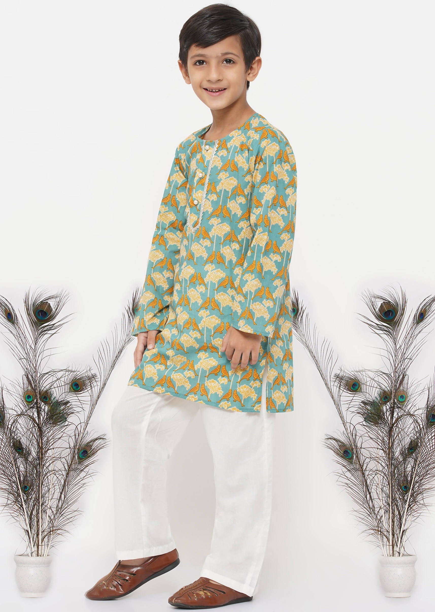Little Bansi Boys Cotton Bird Print Kurta with Pearl Buttons & Pyjama -Blue & Cream | Grocsy