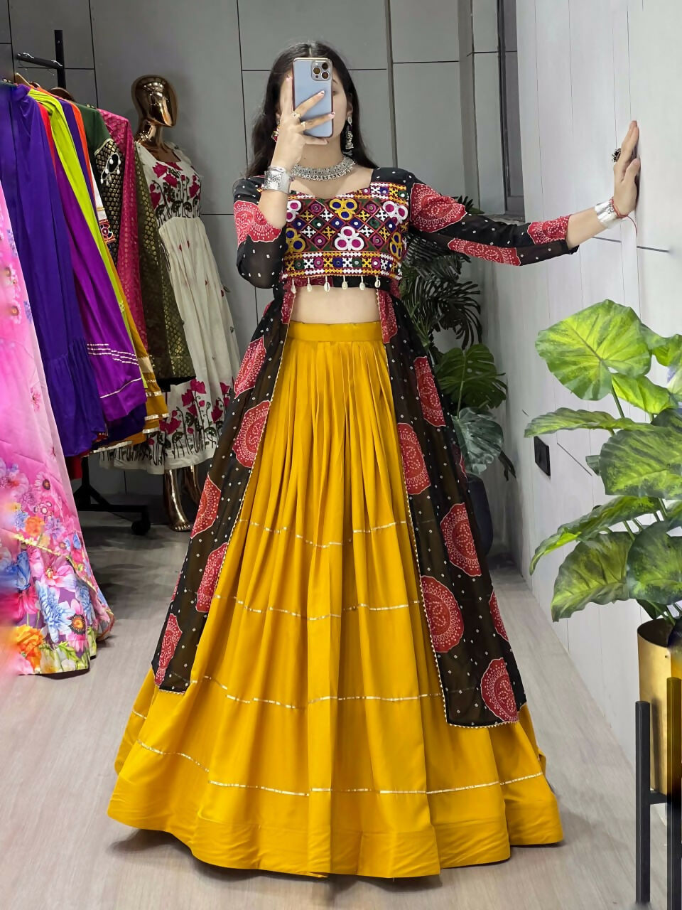 Yash Enterprise Mustard Black Rayon Cotton Embroidery Semi Stitched Navratri Chaniya Choli | Grocsy