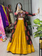 Yash Enterprise Mustard Black Rayon Cotton Embroidery Semi Stitched Navratri Chaniya Choli | Grocsy
