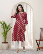 Vaasva Women Maroon Cotton Printed Straight Kurti With Pant | Grocsy