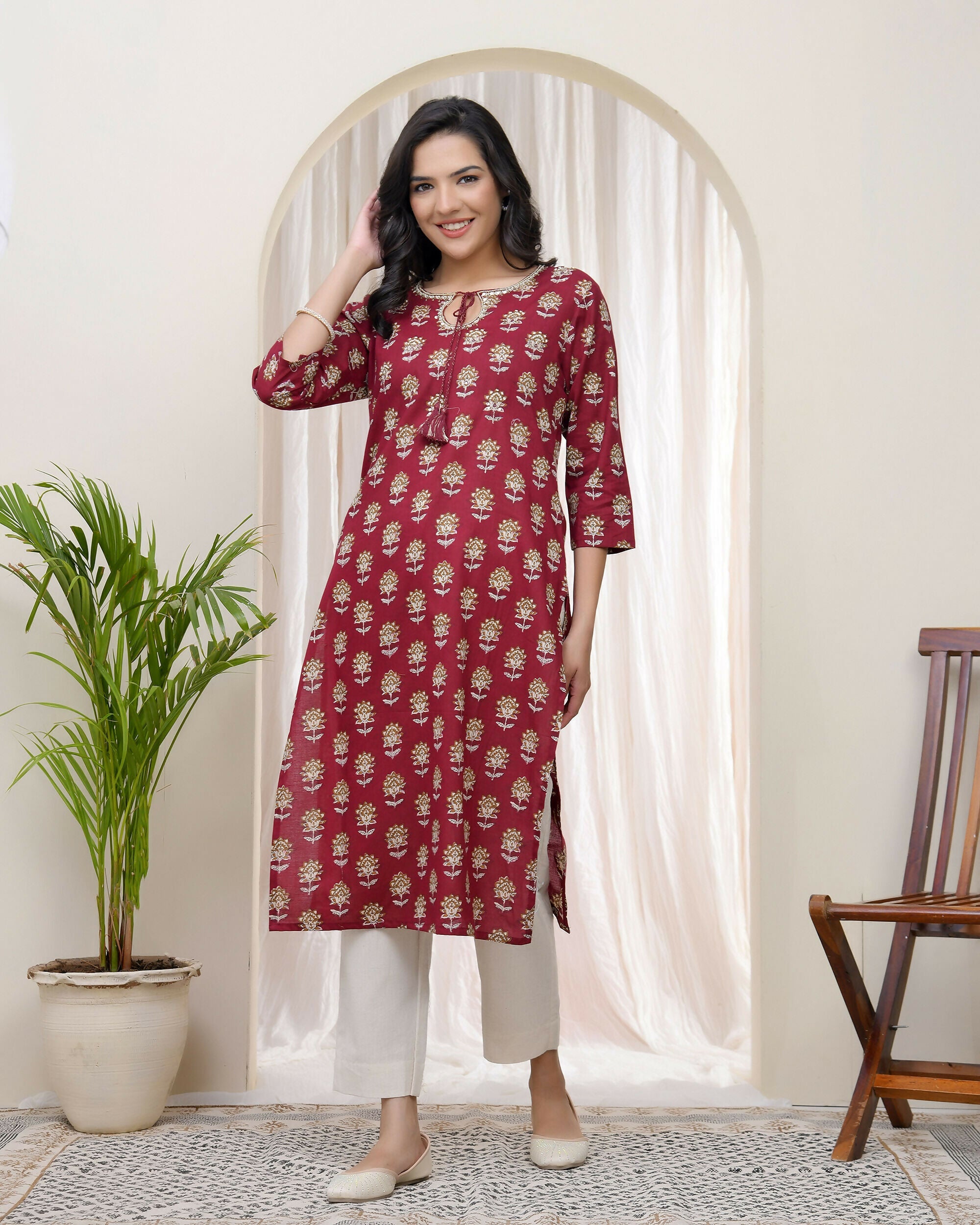 Vaasva Women Maroon Cotton Printed Straight Kurti With Pant | Grocsy