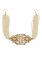 Gold-Polished White Kundan-Studded Pearl Beaded Hair Band - Ruby Raang | Grocsy