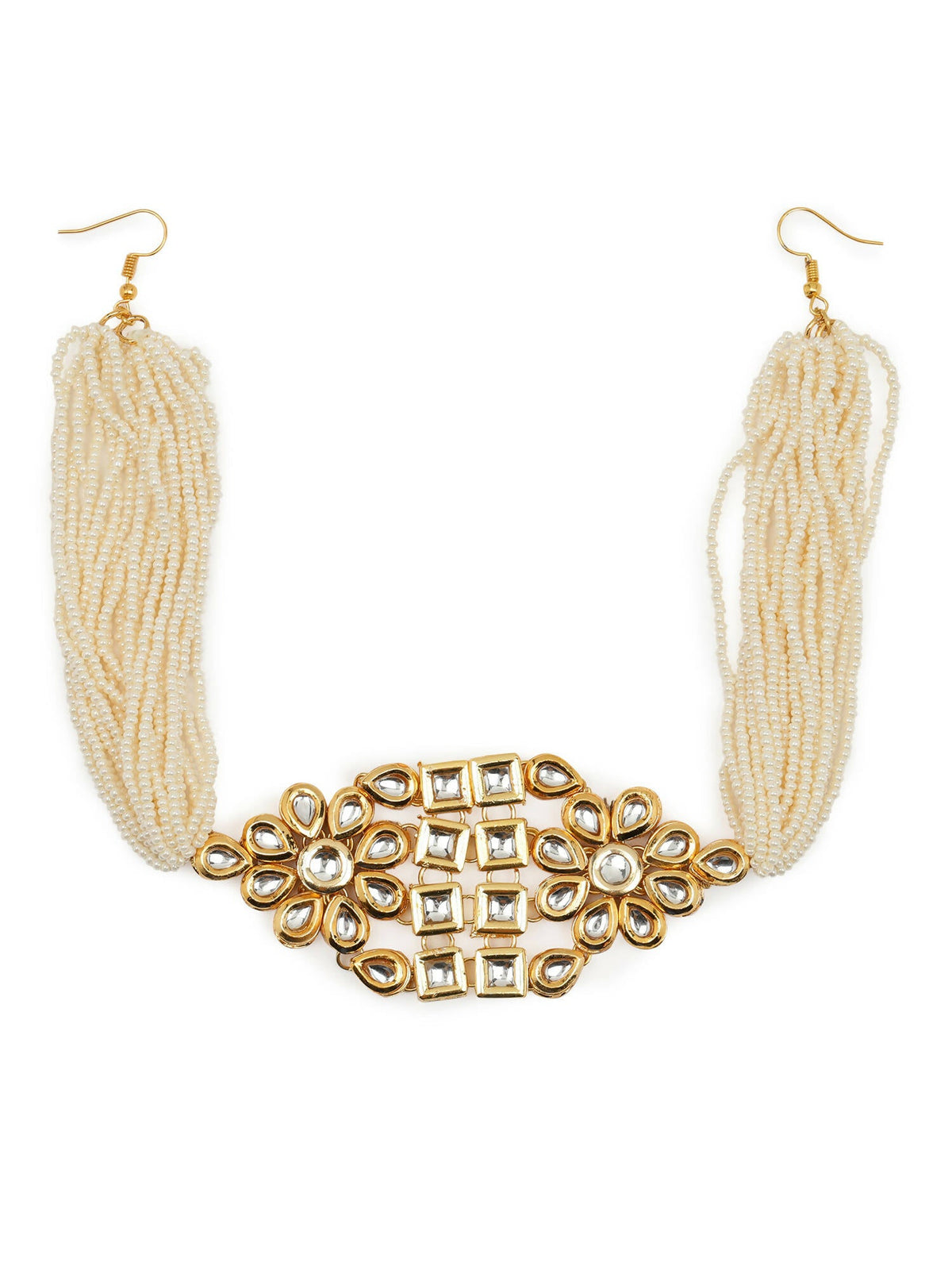 Gold-Polished White Kundan-Studded Pearl Beaded Hair Band - Ruby Raang | Grocsy