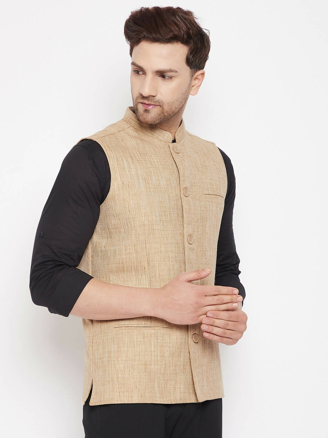 Even Apparels Beige Linen Men Woven Nehru Jacket LN719 | Grocsy
